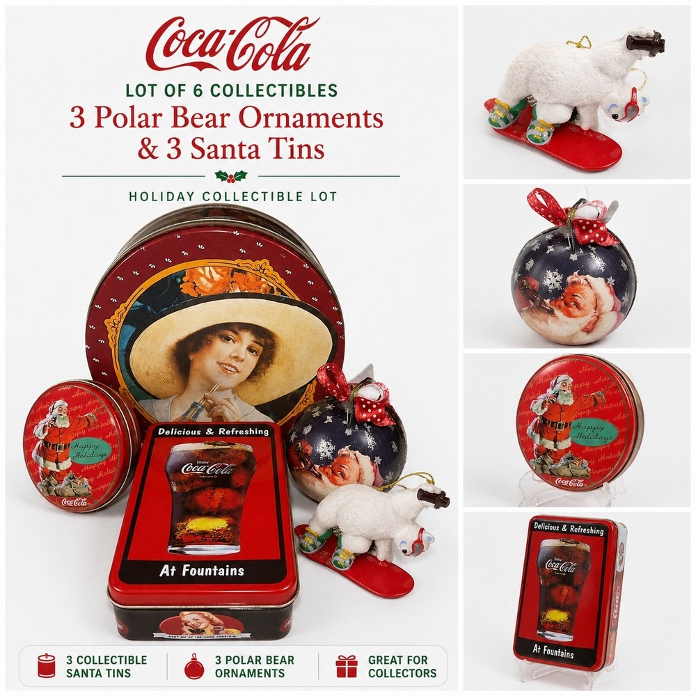 Coca-Cola Holiday Collectible Lot 6pc Santa Tins Polar Bear Ornaments Christmas